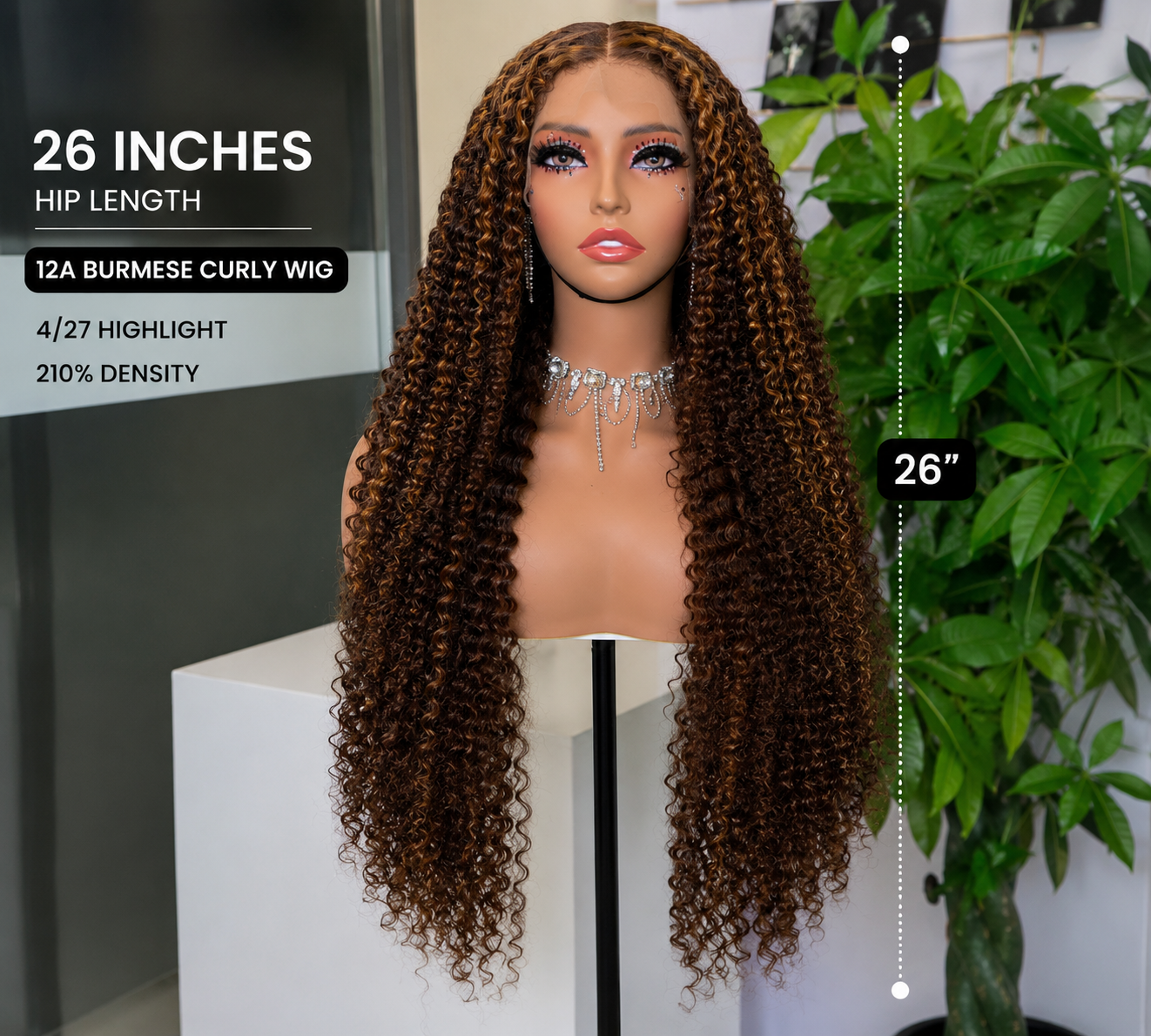 12A Burmese Curly Lace Front Wig – 4/27 Honey Brown Highlight | 210% Density