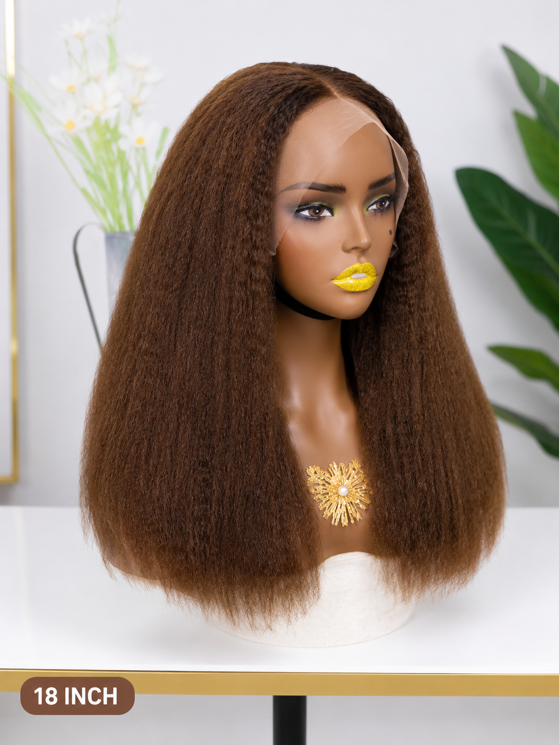 11A Yaki Straight HD Lace Front Wig – Natural Brown | 180% Density