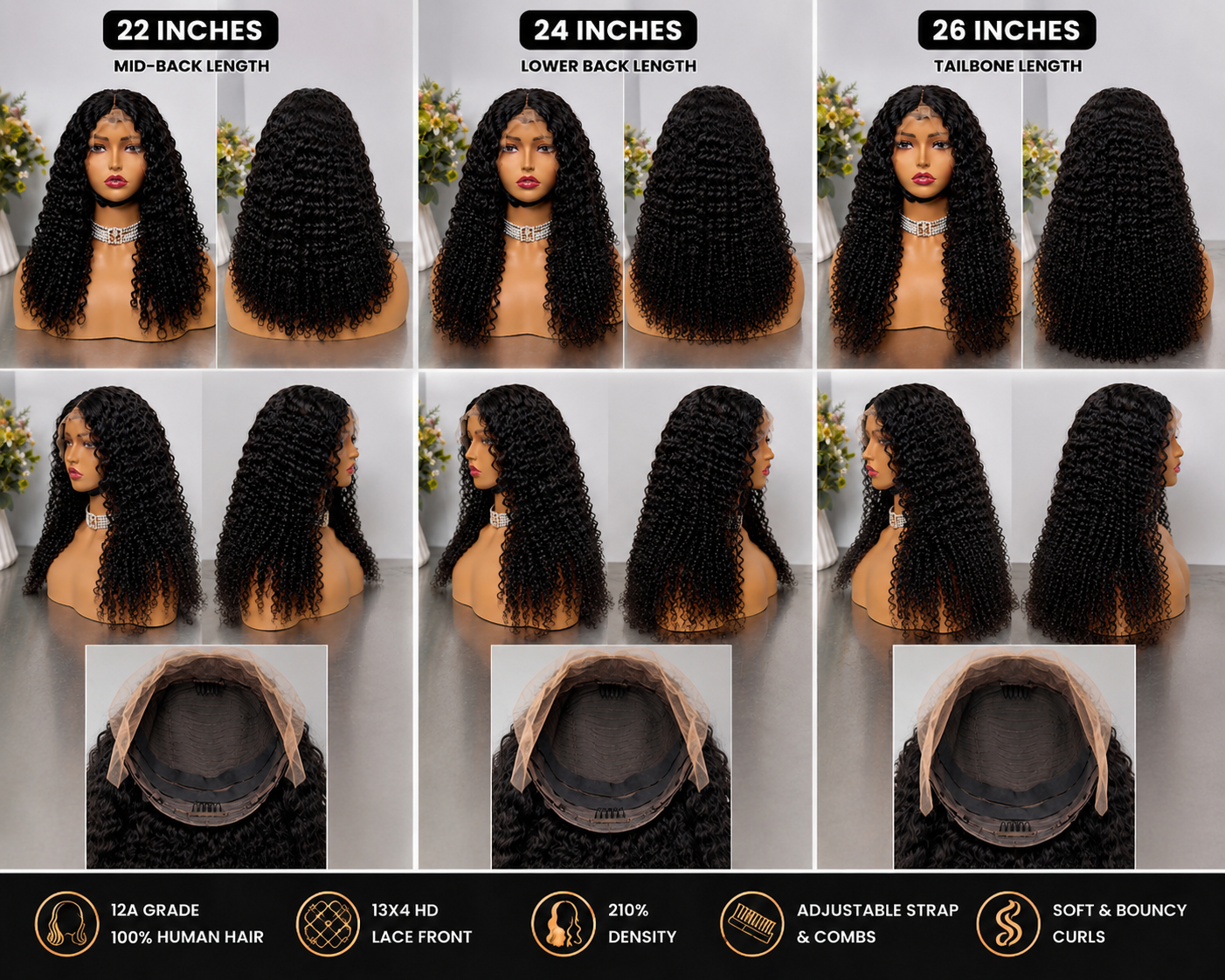 12A Burmese Curly HD Lace Front Wig – Natural Black | 210% Density