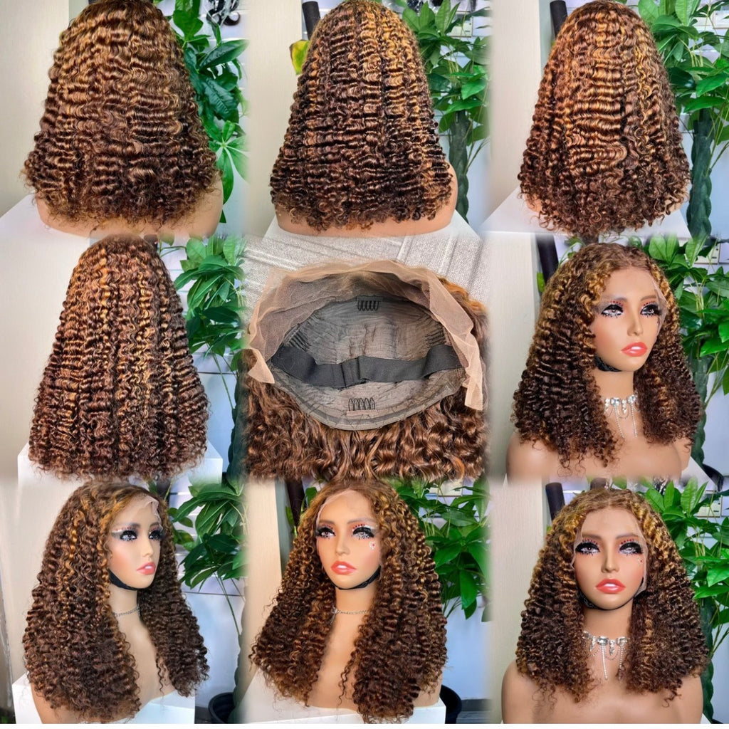 12A Burmese Curly Lace Front Wig – 4/27 Honey Brown Highlight | 210% Density